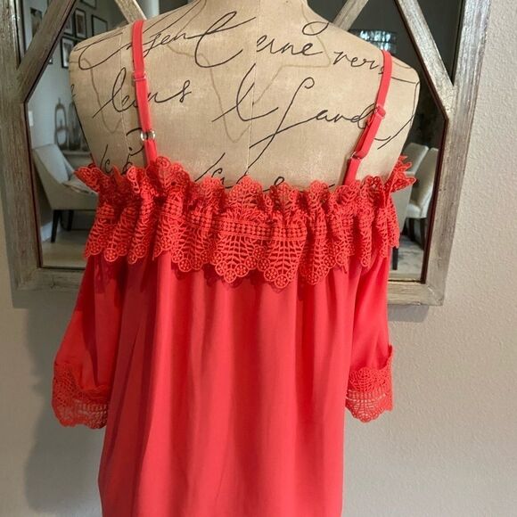 NEW Coral Pink Lace Trim Tie Front Top Blouse - Picture 6 of 15